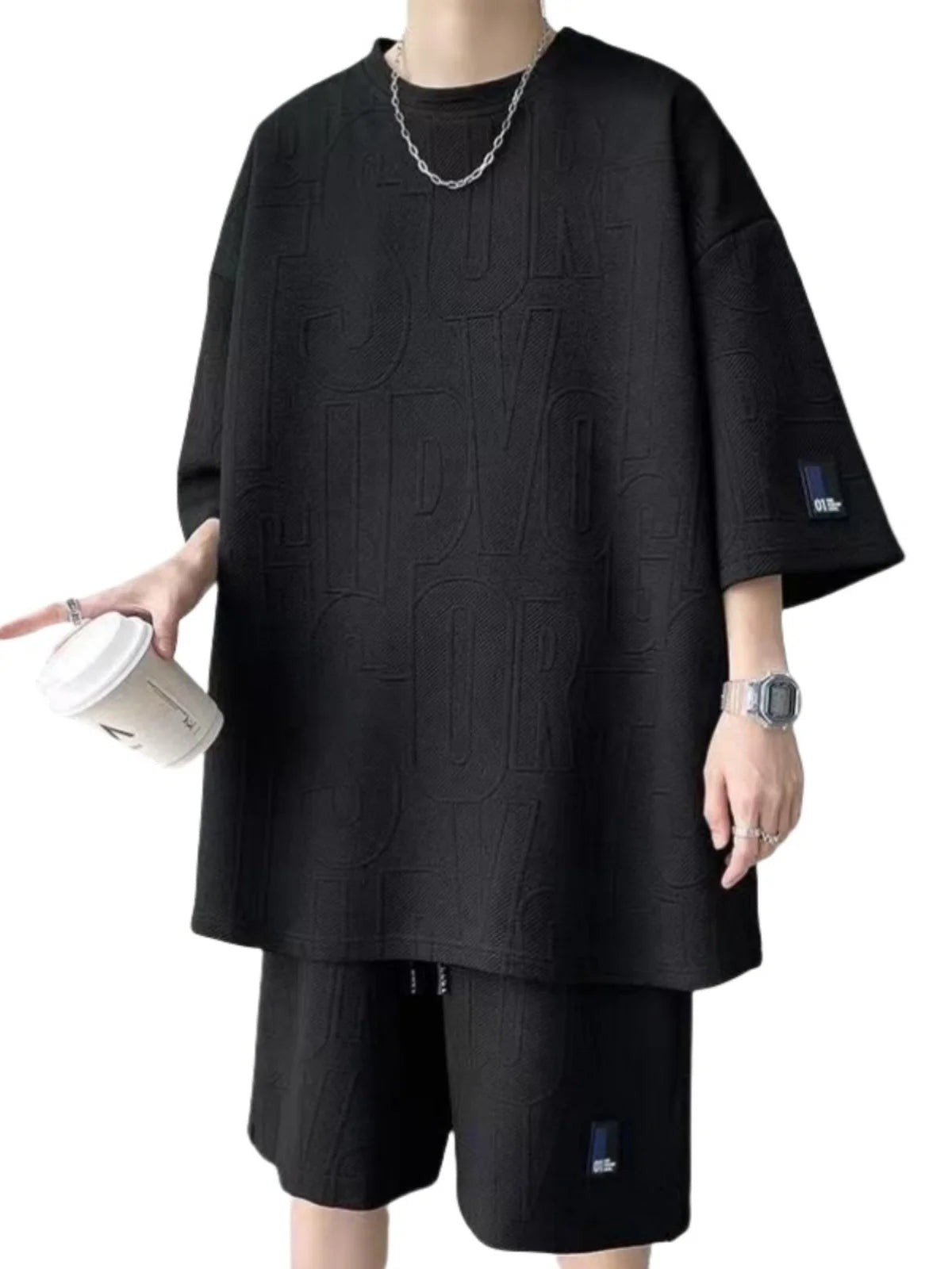 Summer Casual Sports Set Men's Thin Loose Versatile ort Sve T-irt with Five-Quarter Pants Polyester Fiber Teenage Size