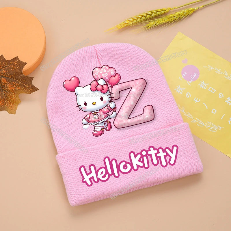 Hello Kitty Kids Knitting Hats Cute Letter A-Z Girl Winter Beanies Cartoon Print Weaved Bonnet Winter Warm Children Beanies Caps