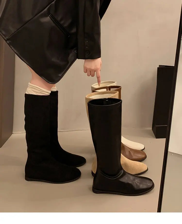 Comemore Long Boots Women's Shoes 2025 New Autumn and Winter Solid Color Botas Flat Bottom Round Head Knee High Boots for Women