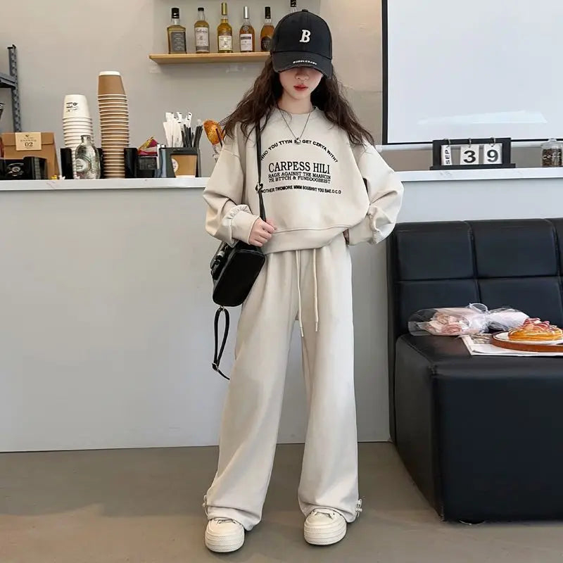 2025 autumn winter kids Girls Clothes Suit Child letters sweatshirt crop top + wide leg pant Tracksuit 4 5 6 7 8 9 10 11 12 year
