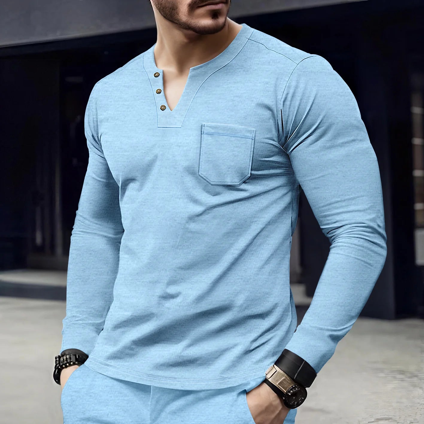 New Spring/Summer Men's Casual V-neck Long sleeved Top with Button Pocket T-shirt Outdoor Versatile Trendy Fashion Men's Top