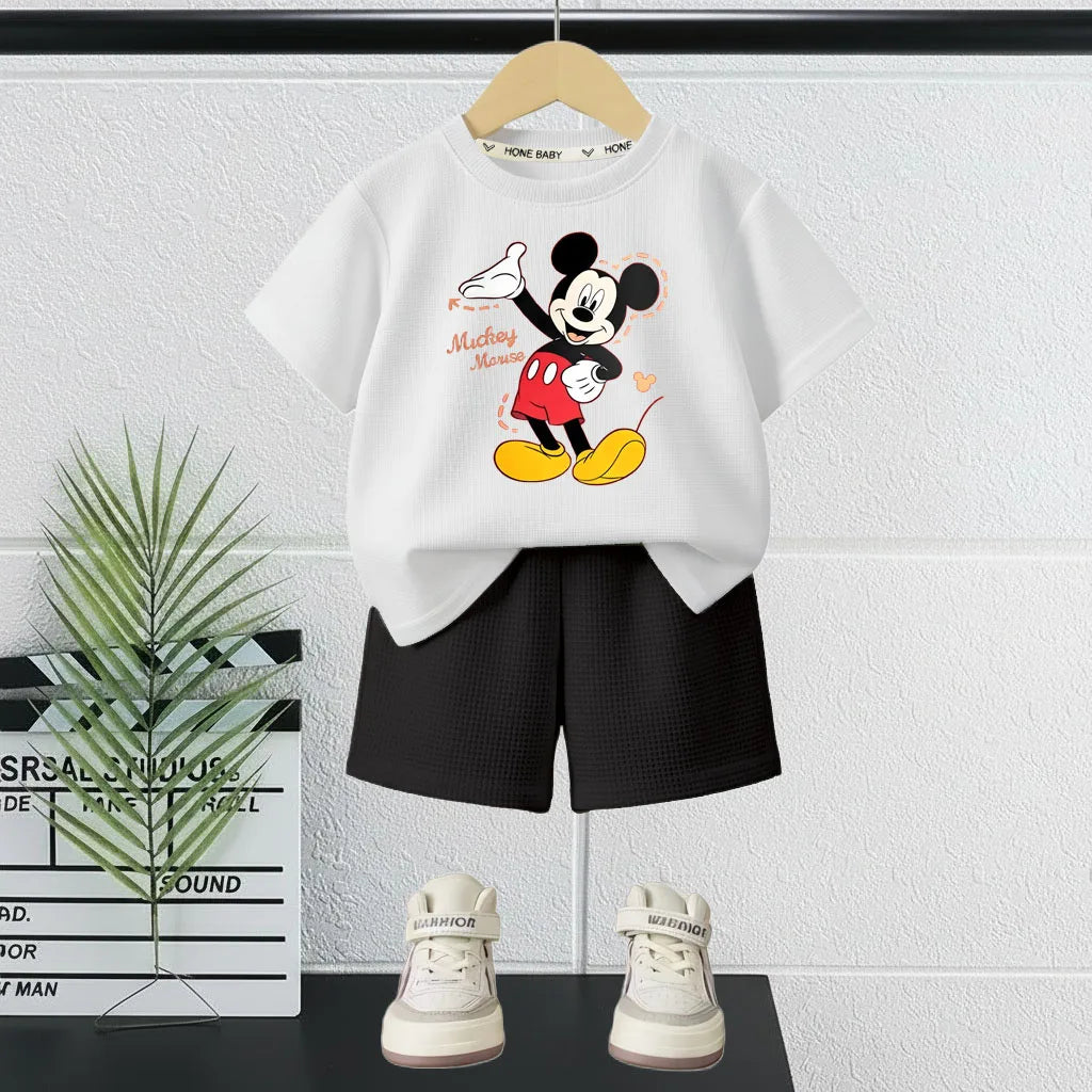 DISNEY Mickey Printed Summer Boys Casual Outfits Children Breathable T Shirt and Short Bottom Two Piece Set Kids Shorts Set New