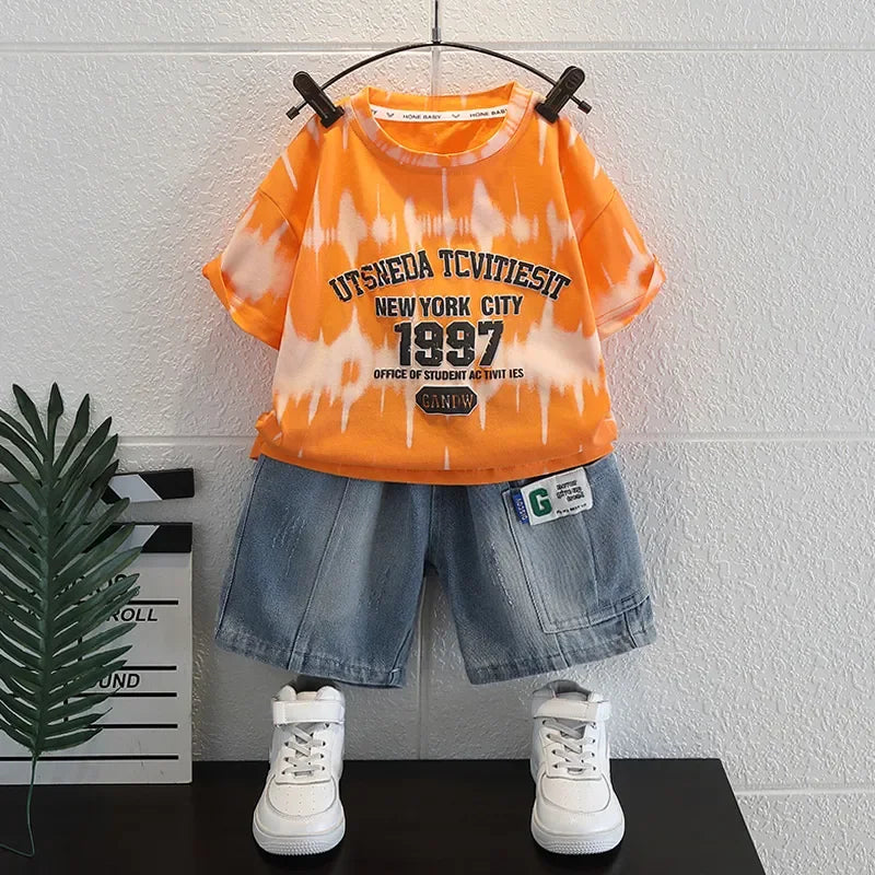 Korean Baby Boys Summer Sets Children's Clothing Short-Sleeved Letter T-Shirt & Denim Shorts Kids Boys Outfits Clothes 2-11Y