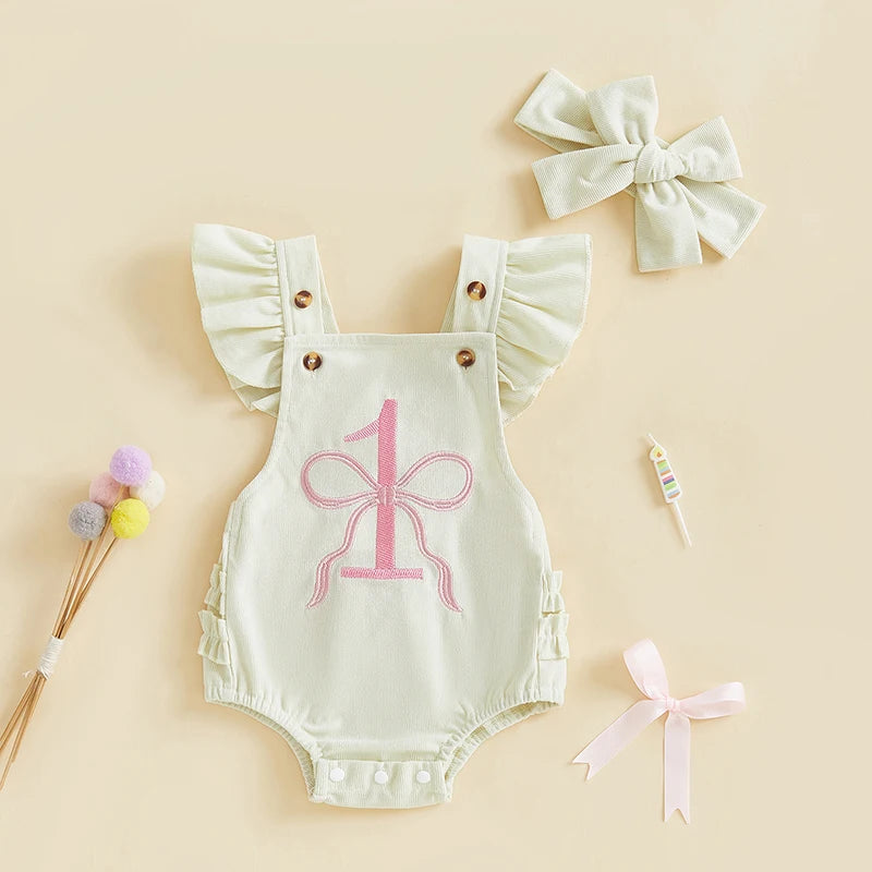Toddler Baby Girl Birthday Outfits Sleeveless Square Neck Bow Embroidery Romper with Headband Set Newborn Clothes