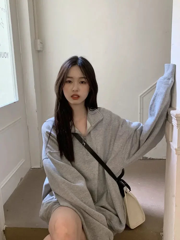 Gray Sweatshirt Women's Loose Polo Collar Lazy Style Autumn Winter New Arrival Missing Bottom Outerwear Long Length Female