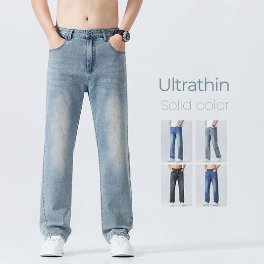 Summer Thin Straight Jeans Men's Clothing Soft Breathable Trousers Male Brand Comfortable Business Loose Denim Pants