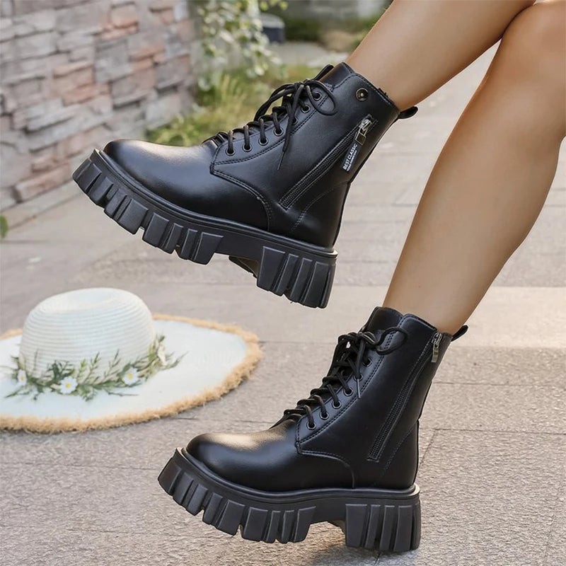 Round Toe Platform Ankle Boots Women Simple Black Pu Leather Boots Woman Autumn Winter Thick Sole Plus Size Office Lady Botas