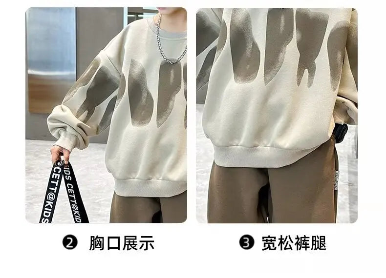 2025  winter autumn Boys Clothes Set cotton loose Sweatshirt hooded + Pants Tracksuits Kids Suit Children 4 8 9 10 11 12 14 Year