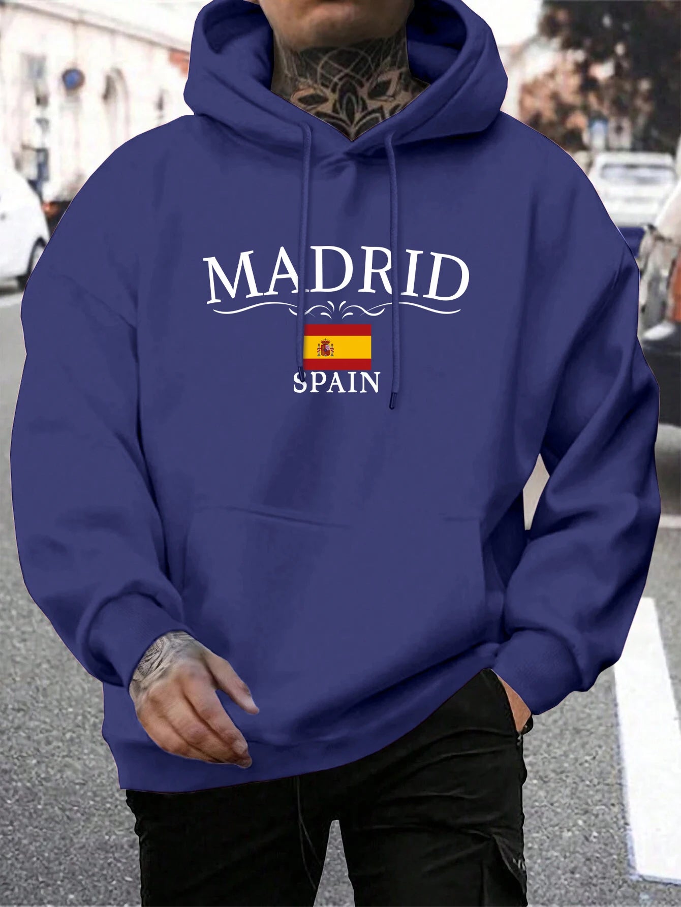 Hoody Men Trendy Madrid Spain Flag Printed Pocket Hoodie All-Match Fleece Comfortable Clothes Autumn Fashions Streetwear