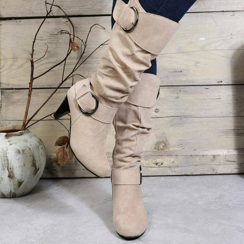 Women's Boots Side Zipper Modern Boots Fashion Pointed Toe Shoes High Heels Suede Mid-Calf Boots Solid Belt Buckle Casual Boot