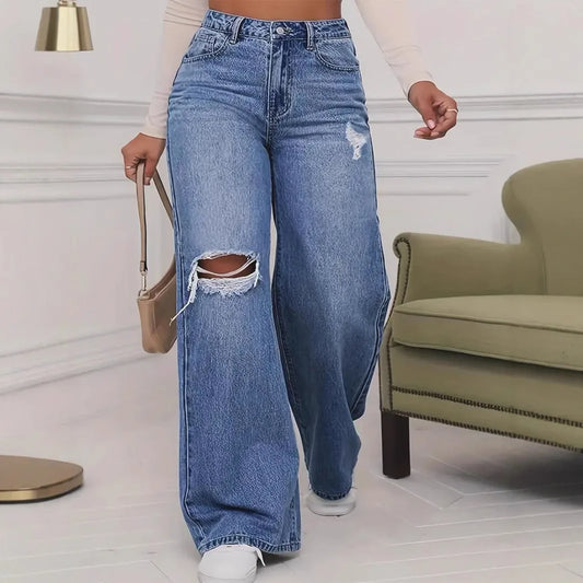 2025 New Washed Ripped Wide-leg Jeans, Fashionable and Casual High-waisted Floor-length Jeans for Women in Spring and Summer