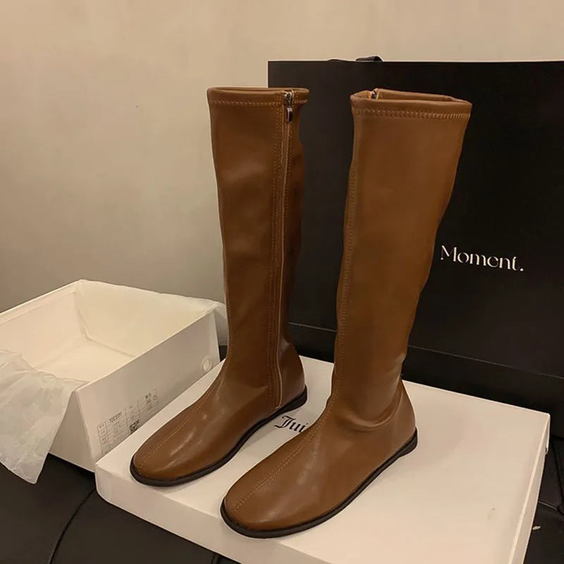 Comemore Long Boots Women's Shoes 2025 New Autumn and Winter Solid Color Botas Flat Bottom Round Head Knee High Boots for Women