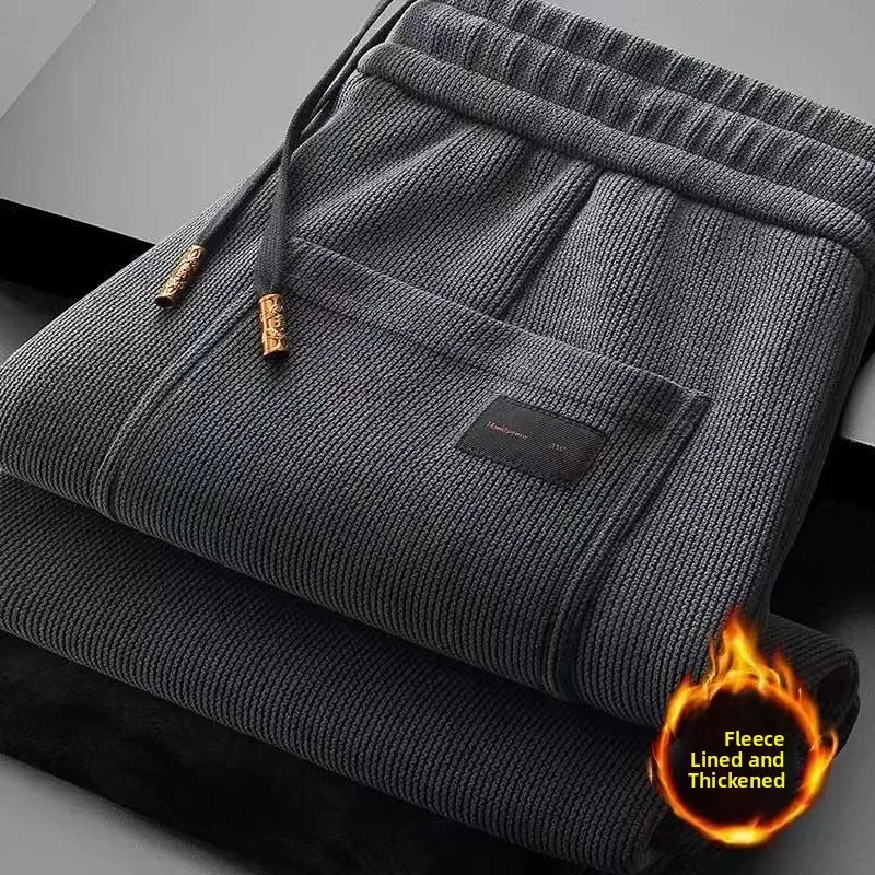 Men's Loose Straight Leg Fleece Lined Thickened Warm Casual Pants Autumn Winter Dad Pants Comfortable Polyester Fiber