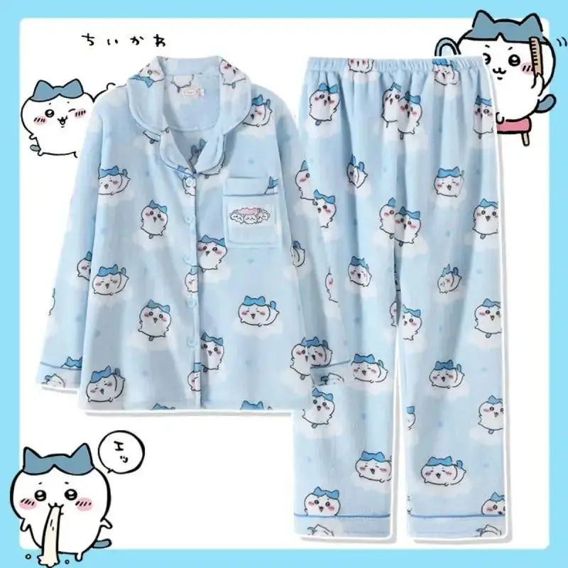 Chikawa Flannel Pjs Thicken Winter Usagi Long Sleeved Pajama Pants Set for Women Plus Velvet Cute Blue Hachiware Home Clothes