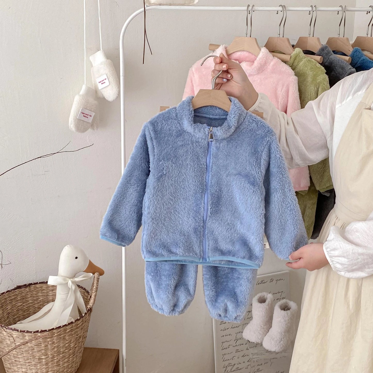 Korean Style Solid Color Baby Fleece Set Winter Soft Loungewear 2Piece Long Sleeve Top + Soft Pants For 9M-6Y Boys Girls Clothes