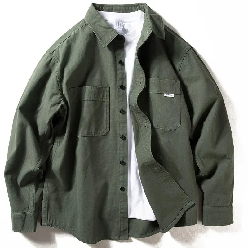 Retro Japanese Style Long Sleeve Workwear Shirt Men's Loose Casual Coat with Pocket Youth Versatile Spring Autumn Fashion