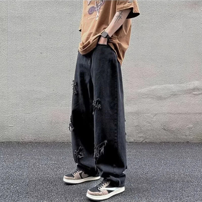 Men Straight Leg Denim Jeans Male New Fashion Casual Loose High Street Y2k Pants New Wide Leg Hip Hop Black Blue Pants