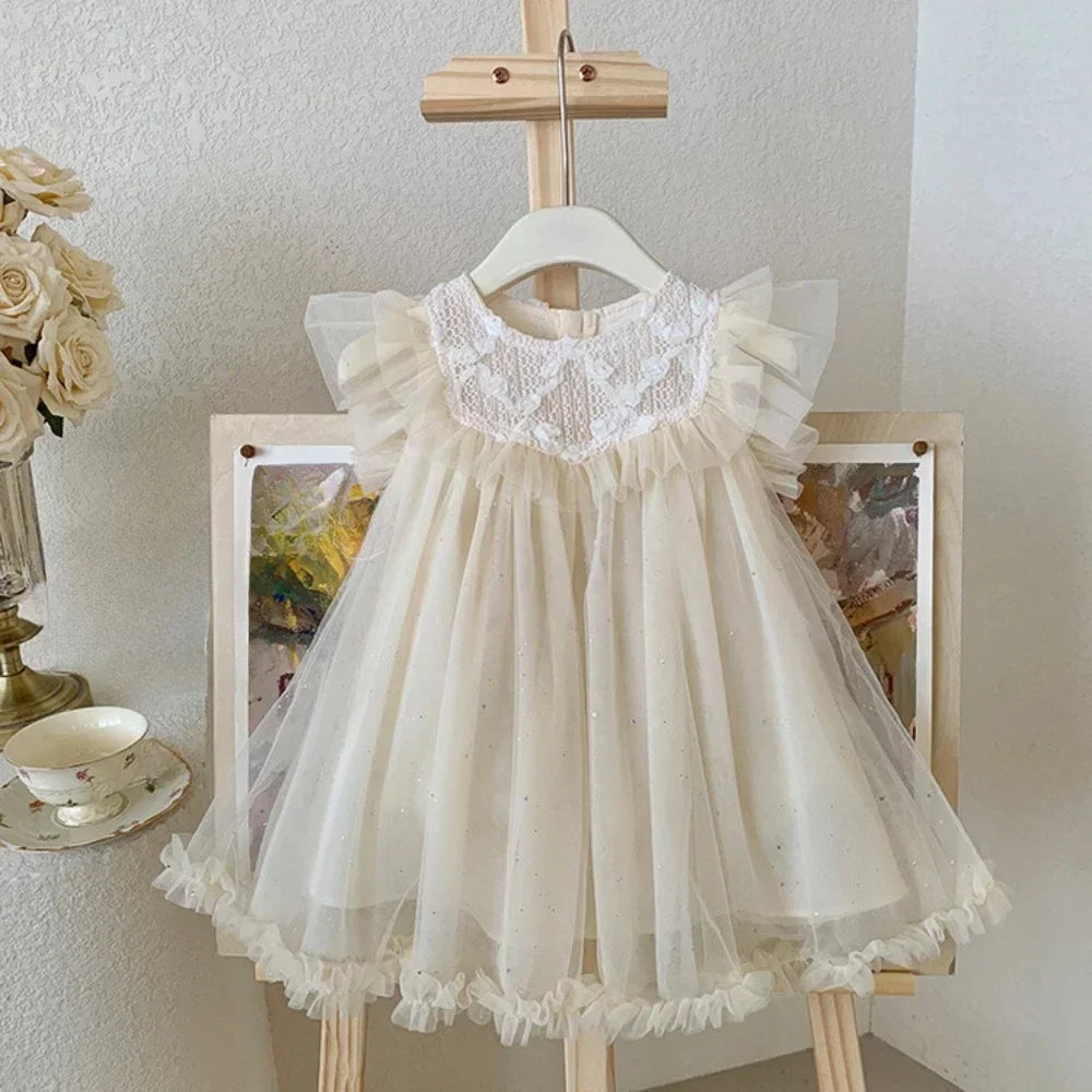 Pink Dreamy Sweet Girl Fairy Princess Dress Sleeveless Bow Decoration Mesh Lace Children's Casual Clothes Birthday Party Summer