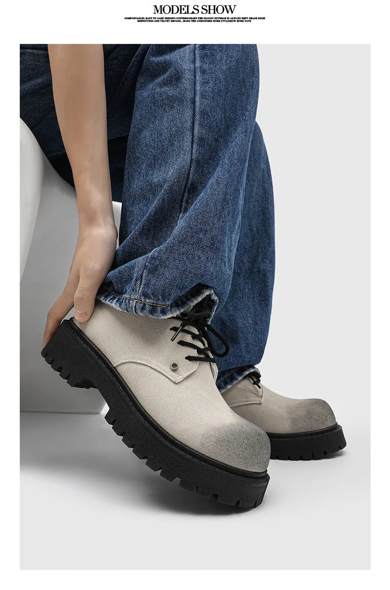 New Mens Derby Shoes British-Style Big Round-Toe Chunky Platform Sneakers Original Breathable Casual Shoes for Streetwear &Daily