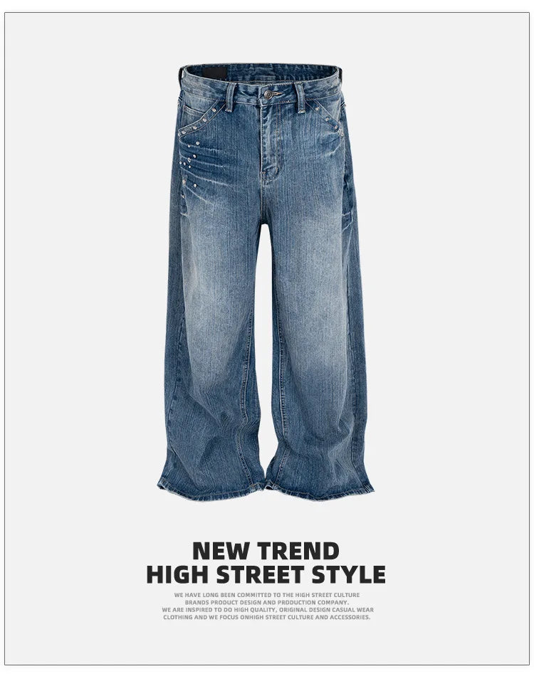 MIJKO Men Women Jeans Washed Fashion Rivet Casual Denim Pants