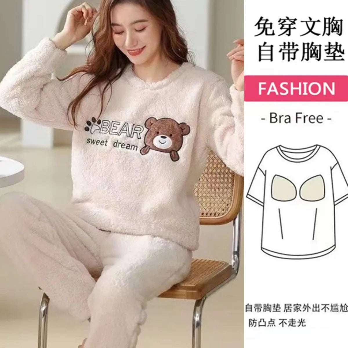 Thickened Long Sleeve Home Clothes Set with Chest Pad Winter Coral Fleece Korean Style Student Cute Large Size Home Clothes Set