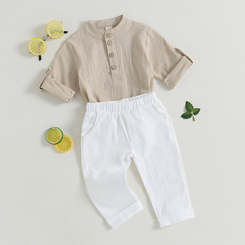 Pudcoco Kid Baby Boys Summer Outfits Solid Color Buttons Short Sleeve Shirts and Elastic Waist Long Pants 2Pcs Clothes Set 6M-4T
