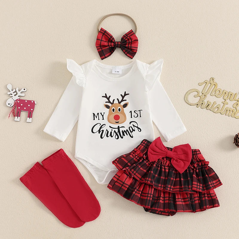 2024-08-20 Lioraitiin Christmas Infant Baby Girl Outfit Letter Ruffle Long Sleeve Romper Plaid Layered Ruffle Shorts Clothes