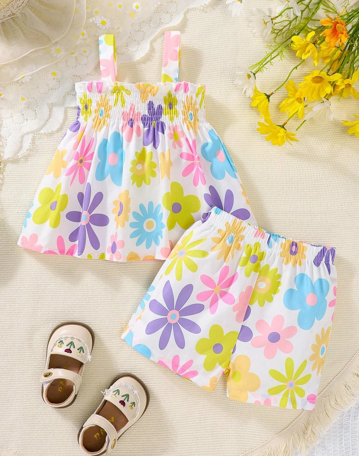 A 2-Piece Summer Cool Girls' Halter Dress Top With Small Floral Print And Short Pants A Cute Girls' Vacation Set