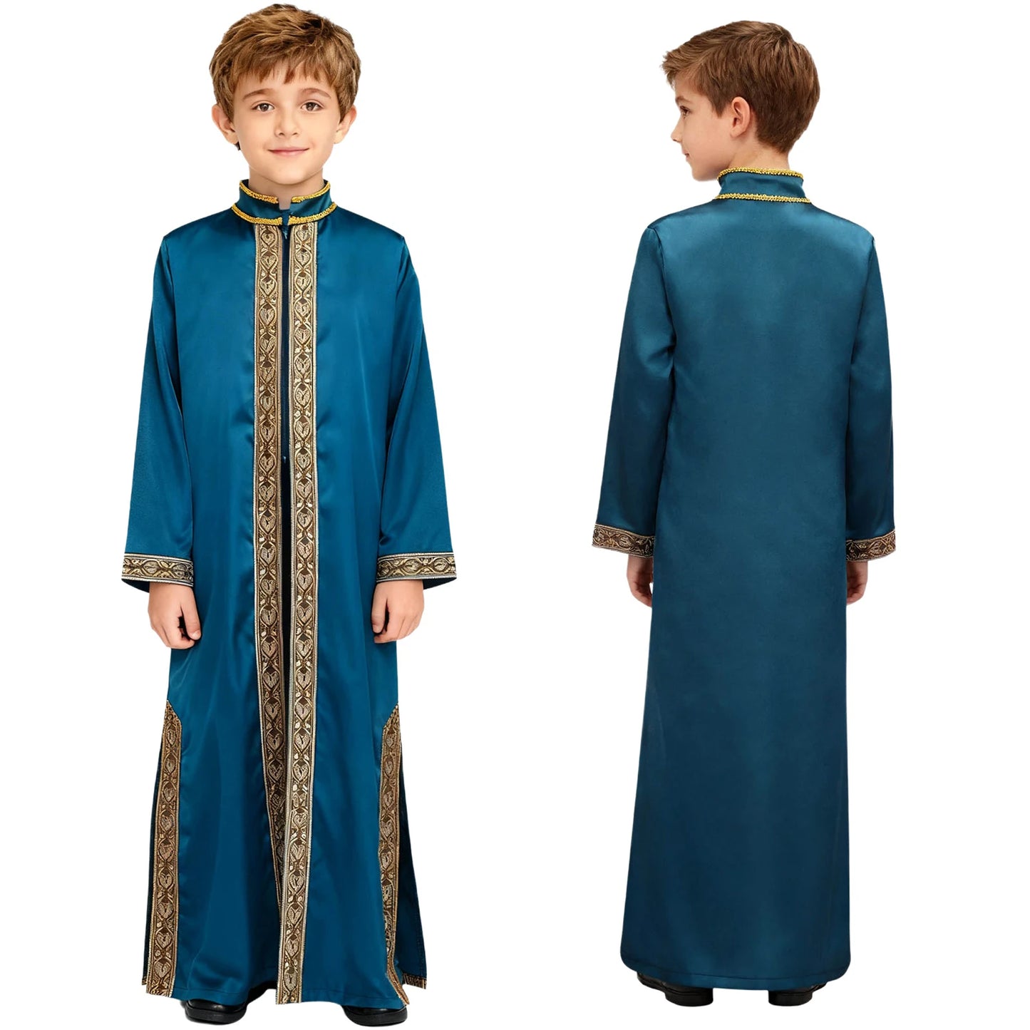 Boys Islamic Robe Kaftans Arab Gown Long Sleeves Slit Zipper Gold Embroidery Maxi Muslim Thobe Kids Festival Holiday Costume