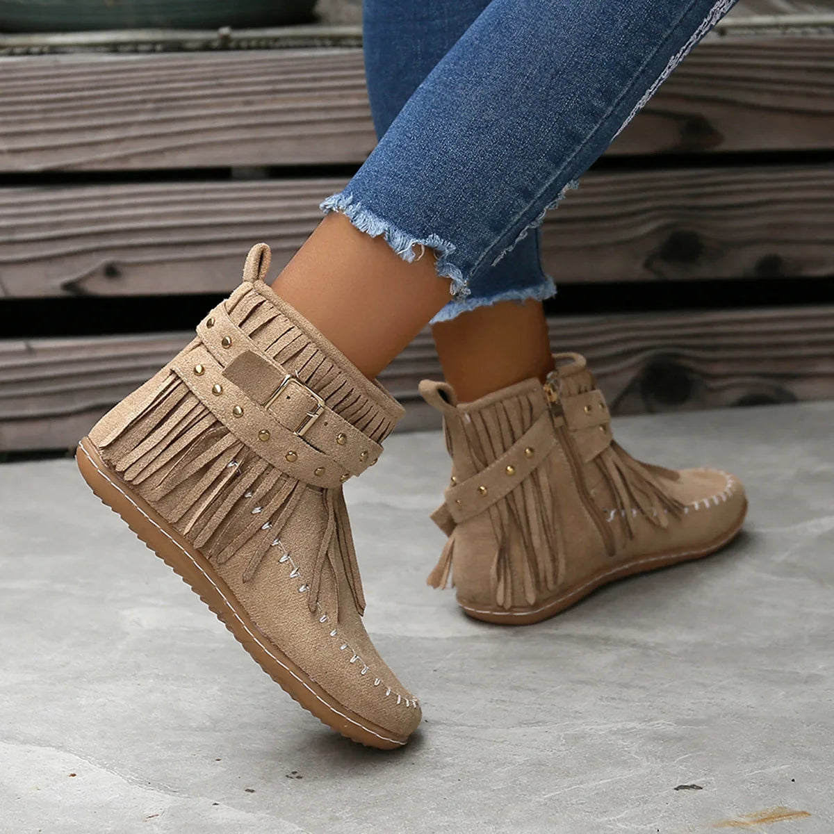 Botines Autumn Women Shoes Flat Heel Ankle Boots Retro Suede Tassel Women Boots Fashion Round Toe Soft Sole Short Boots Casual