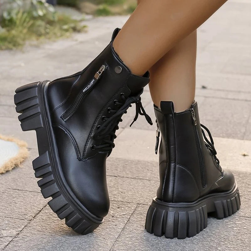 Round Toe Platform Ankle Boots Women Simple Black Pu Leather Boots Woman Autumn Winter Thick Sole Plus Size Office Lady Botas