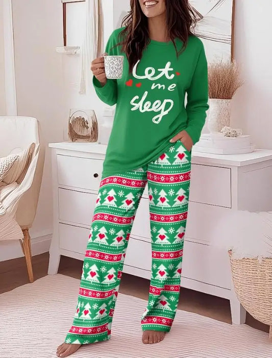 Letter Printed Round Neck T-Shirt and Christmas Tree Love Printed Straight Leg Pants Set Christmas Ladies' Pajamas Set