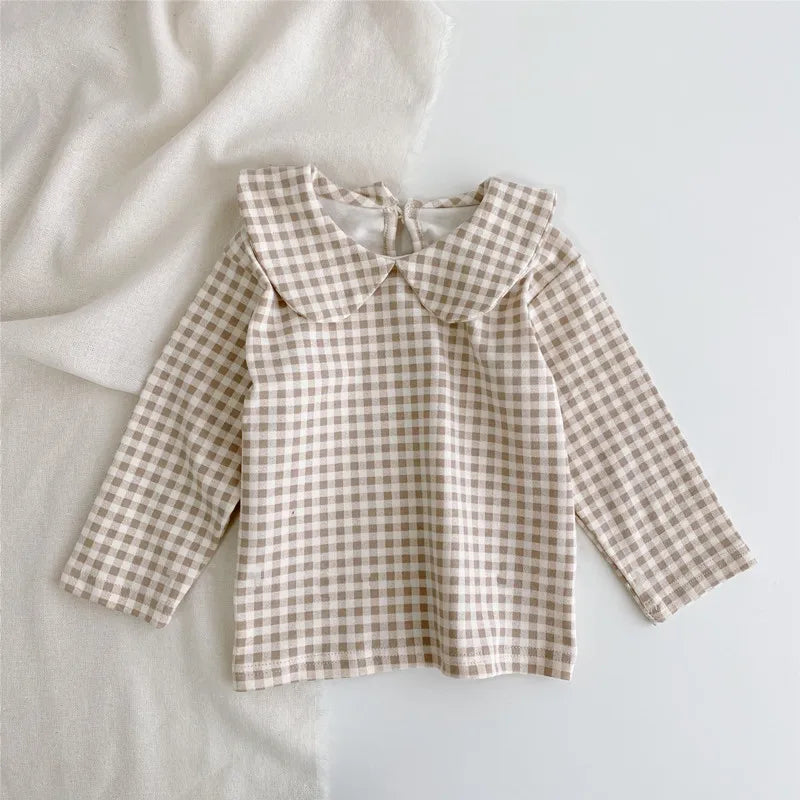 2025 Autumn New Baby Long Sleeve Cotton T Shirts Infant Plaid Floral Cute Girls Tops Kids Versatile Casual Lapel Bottoming Shirt