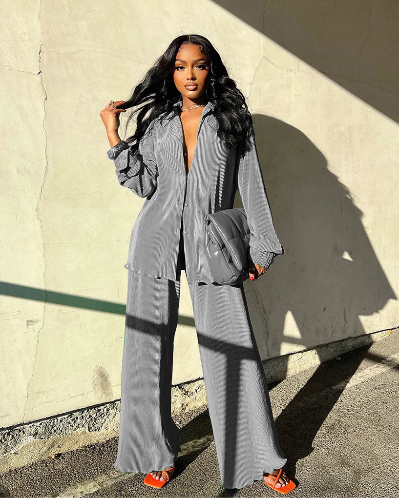 CM.YAYA Pleated Women's Set Long Sleeve Shirt Tops and Straight Wide Leg Pants Elegant Tracksuit Two 2 Piece Set Fitness Outfits