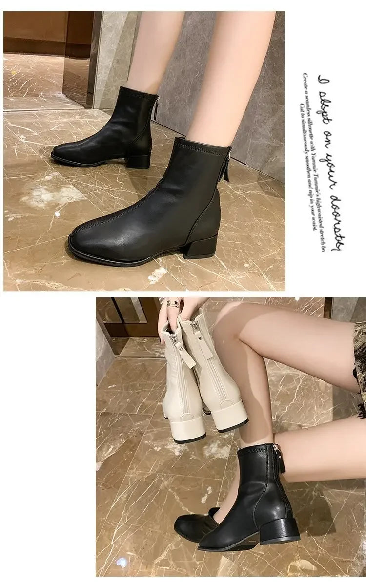 2025 New Elastic Socks Boots Women's Ankle Boots High Heels Thick Heels Square Toe Short Boots Retro Women's Shoes Botas Mujer