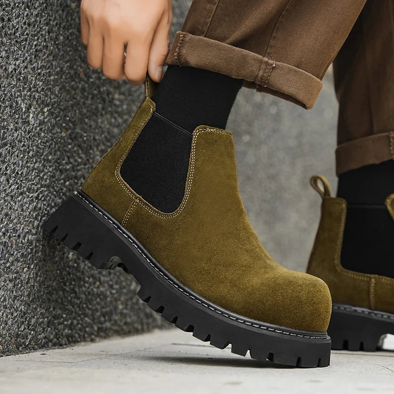 High Quality Fashion Mens Boots Black Boots Fashion Casual British Style Thick Bottomed Mid-top Chelsea Boots Large Size