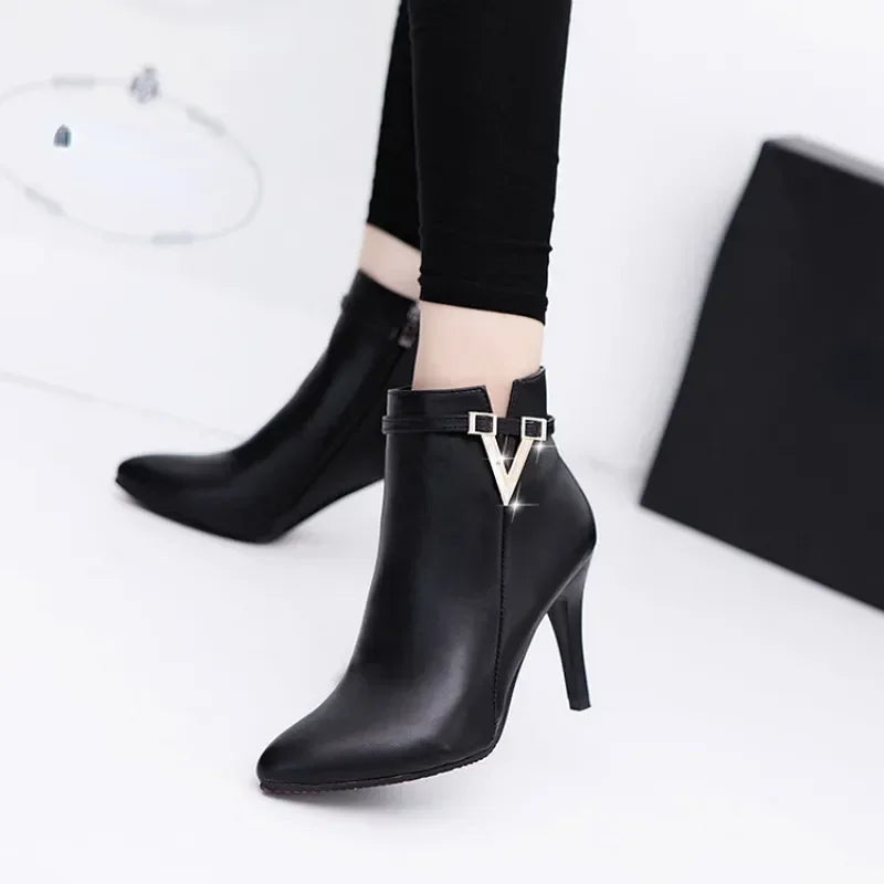 Botas Mujer Invierno  Autumn Stiletto Thin High Heels Woman Pointed Toe Pu Leather Zipper Sexy Ankle Women Boot Botines Chelsea8