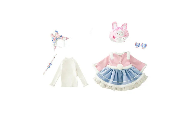 Anime My Melody Lolita Princess Dress Girl Bow Decoration Party Dress Ruffled Tutu Skirt Fleece-Lined Layered Dress Ball Gown
