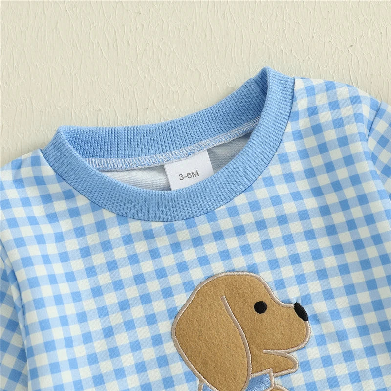 Baby Boys Romper Casual Dog Embroidery Plaid Long Sleeve Jumpsuit Spring Autumn Infant Toddler Outfit Clothing