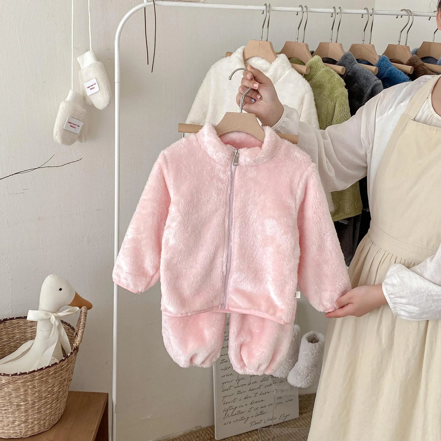 Korean Style Solid Color Baby Fleece Set Winter Soft Loungewear 2Piece Long Sleeve Top + Soft Pants For 9M-6Y Boys Girls Clothes