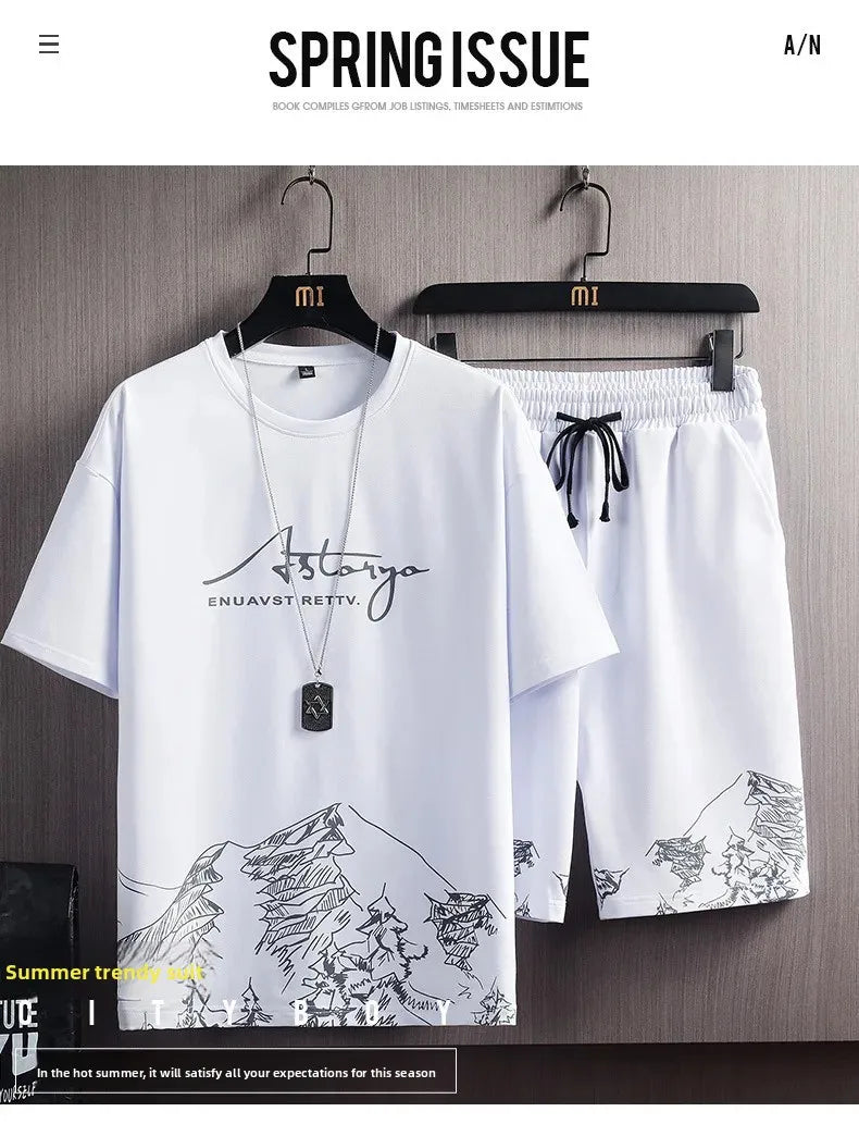 Ice Sensation Printed Summer Short Sleeve T-Shirt Set Men's Loose Basketball Sports Two-Piece Quick Dry Breathable Casual Wear