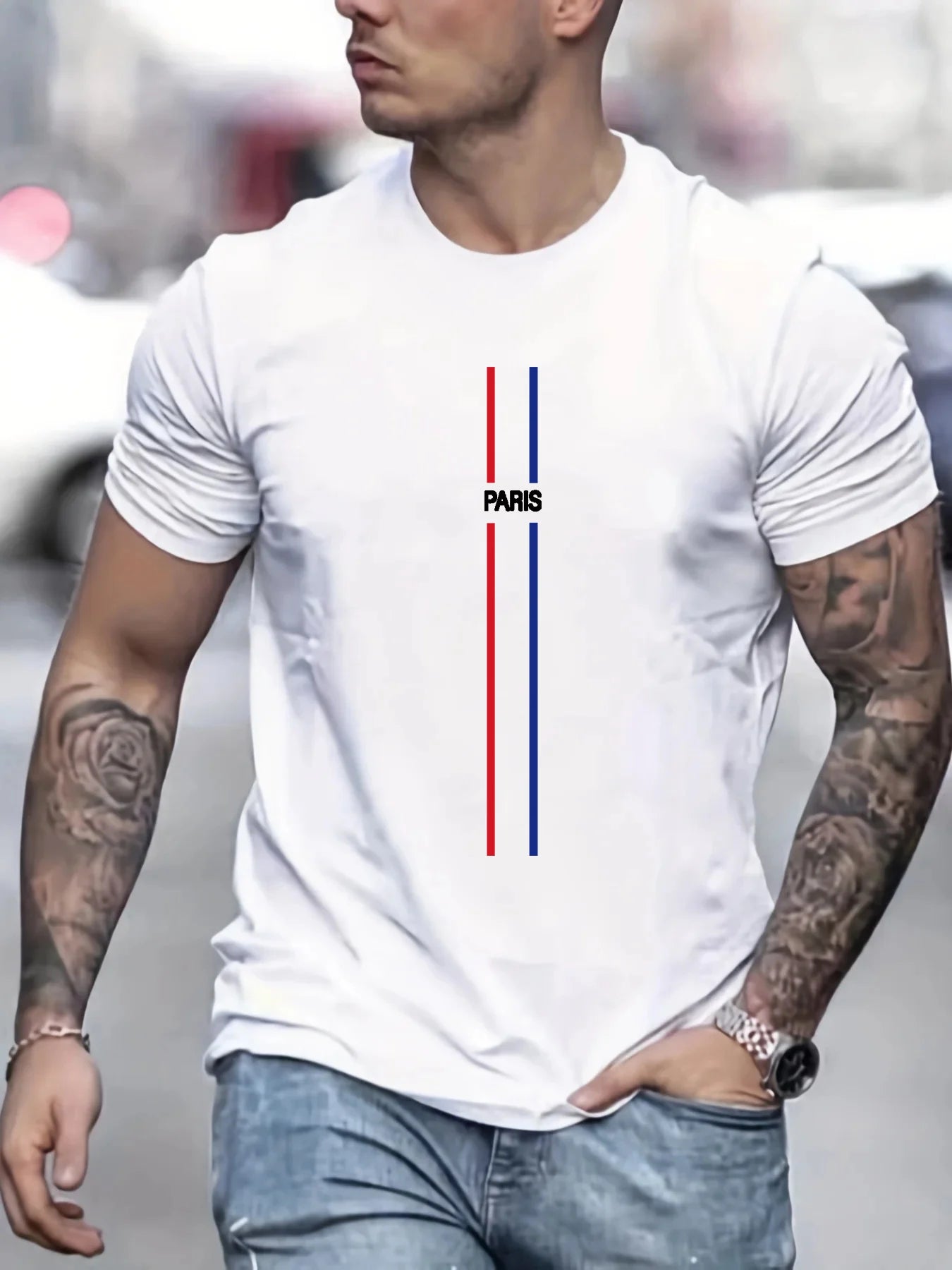 Men's Summer Loose Fit PARIS Print T-shirt Tops Fitness Sportswear Stretch Breathable Oversized Shirt Men's Clothing