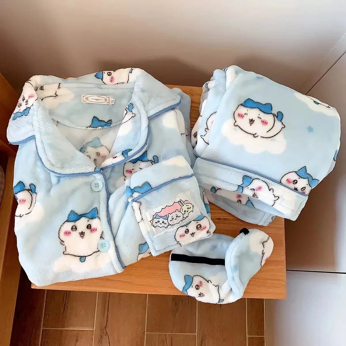 Chikawa Flannel Pjs Thicken Winter Usagi Long Sleeved Pajama Pants Set for Women Plus Velvet Cute Blue Hachiware Home Clothes