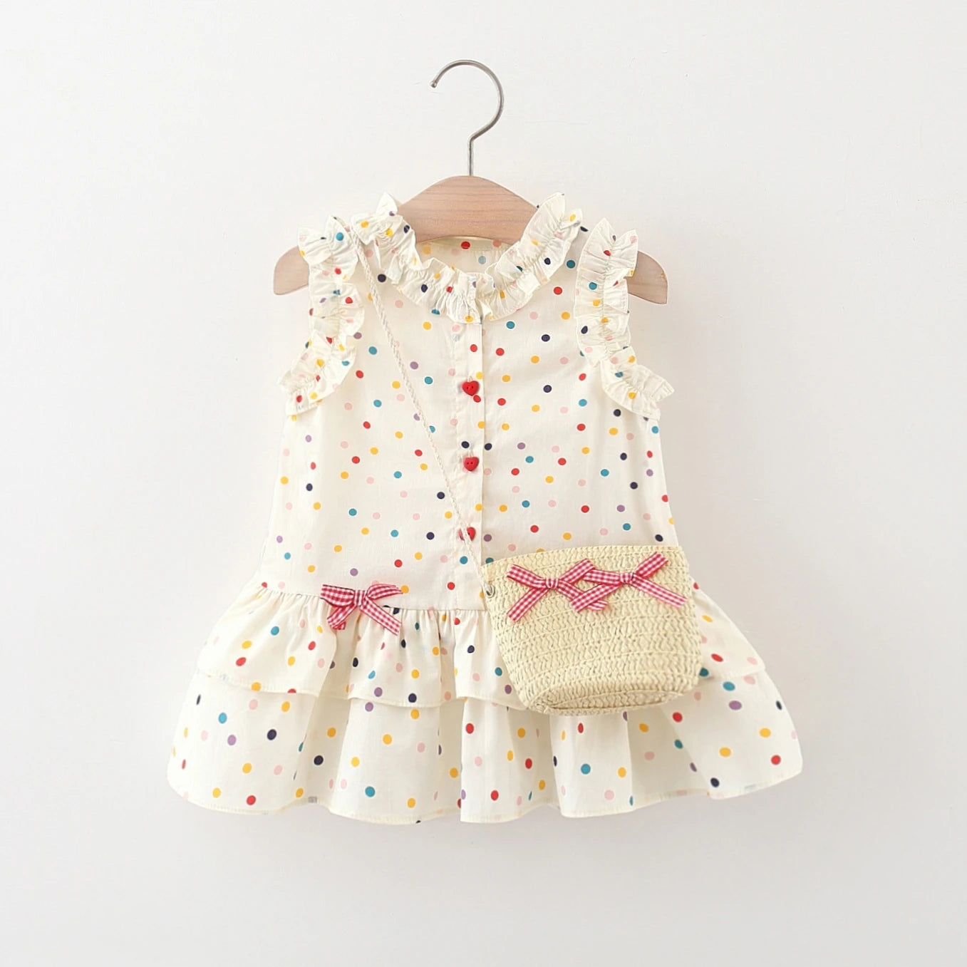 Cotton Dress for Baby Girl Heart Shaped Button Colorful Polka Dot Bow Dress Send Bag