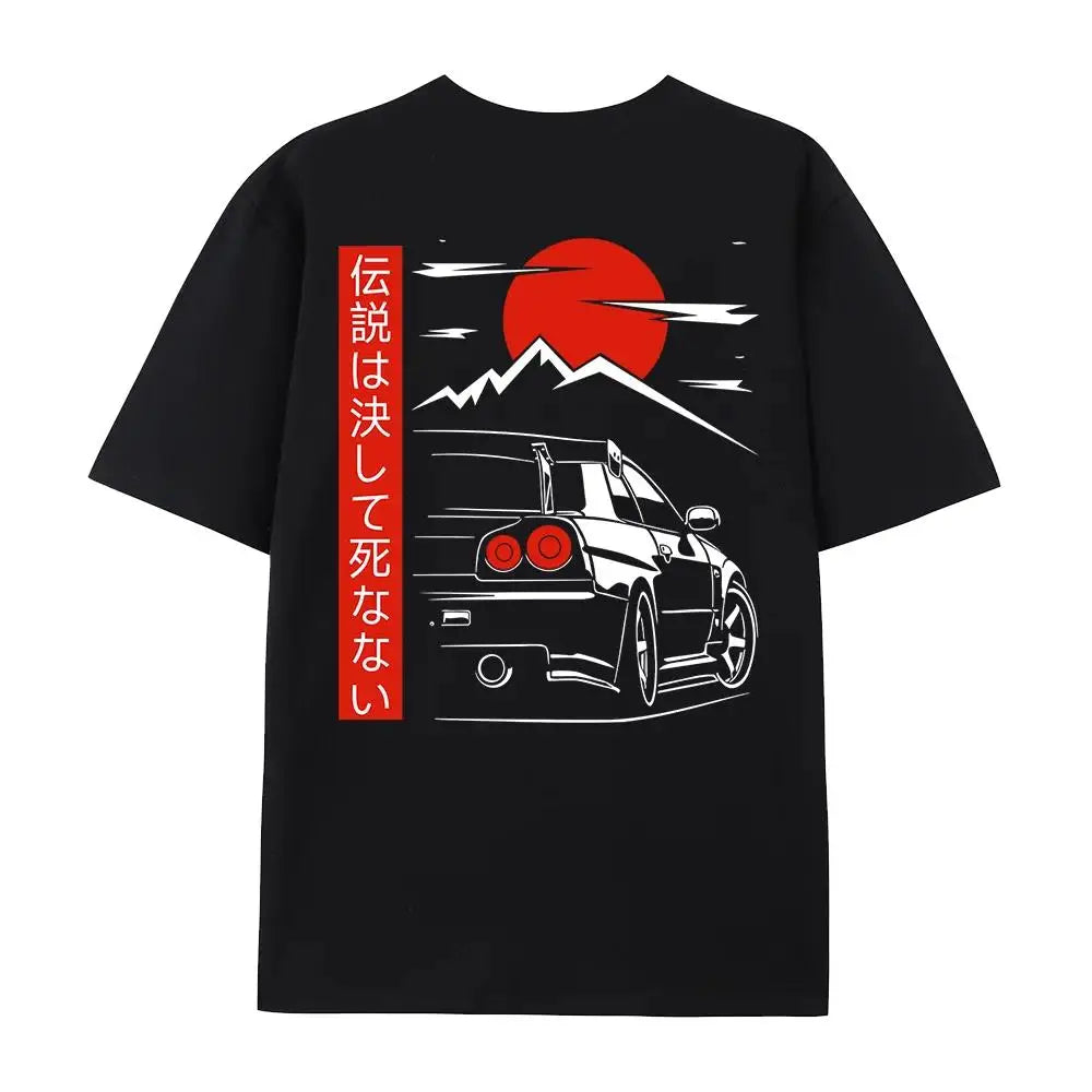 Japanese Style Car JDM Culture GTR R34 Racing T Shirts Men Back Print Street Wear Original Design Oversized Tops Tee