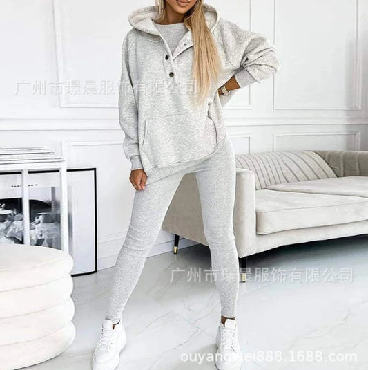 Two Piece Set for Women 2024 Solid Color Casual Comfortable Loose Fitting Long Sleeved Hoodie and Sports Plain Long Pants Set