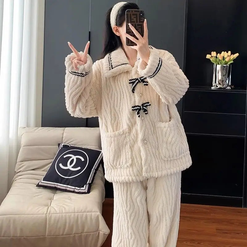 2025 Coral Fleece Women's Sleepwear Thickened Flocking Home Clothes Warmth High Sensation Long Sleeve Pants Set Home Leisure