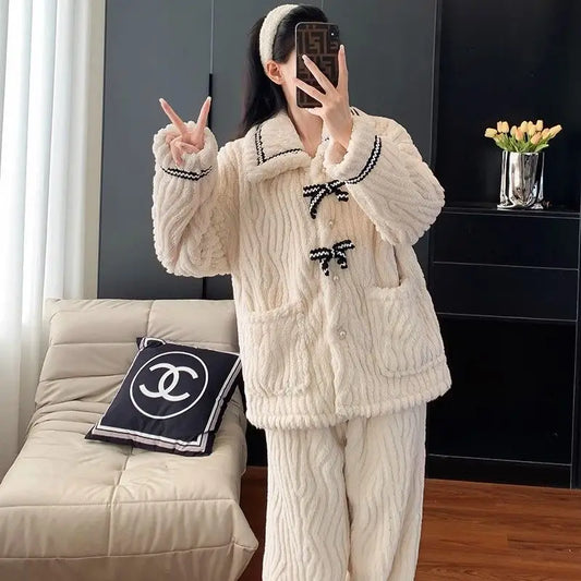 2025 Coral Fleece Women's Sleepwear Thickened Flocking Home Clothes Warmth High Sensation Long Sleeve Pants Set Home Leisure