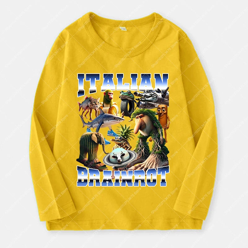 Italian Brainrot Long Sleeve T-shirt for Kids Funny Meme Children Autumn Tops Tung Tung Tung Sahur Tee Boy Girl Clothing Gifts
