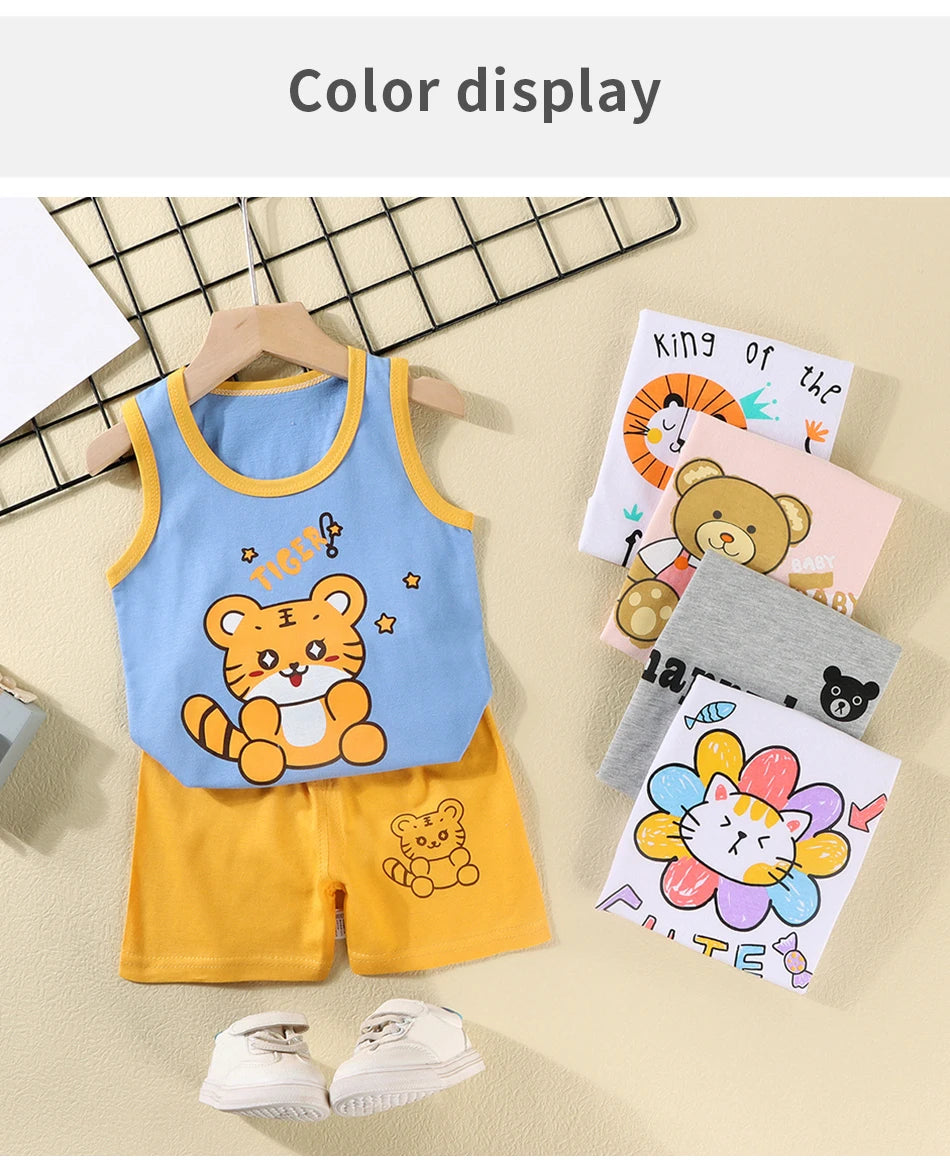 2 Pcs Summer Children's Animal Cartoon Print Vest Sets Girls Clothes Baby Korean Thin Boys Kids Sleeveless Casual Clothing Sets